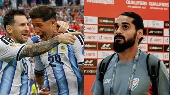 Jugadores de Argentina celebrando y periodista en conferencia