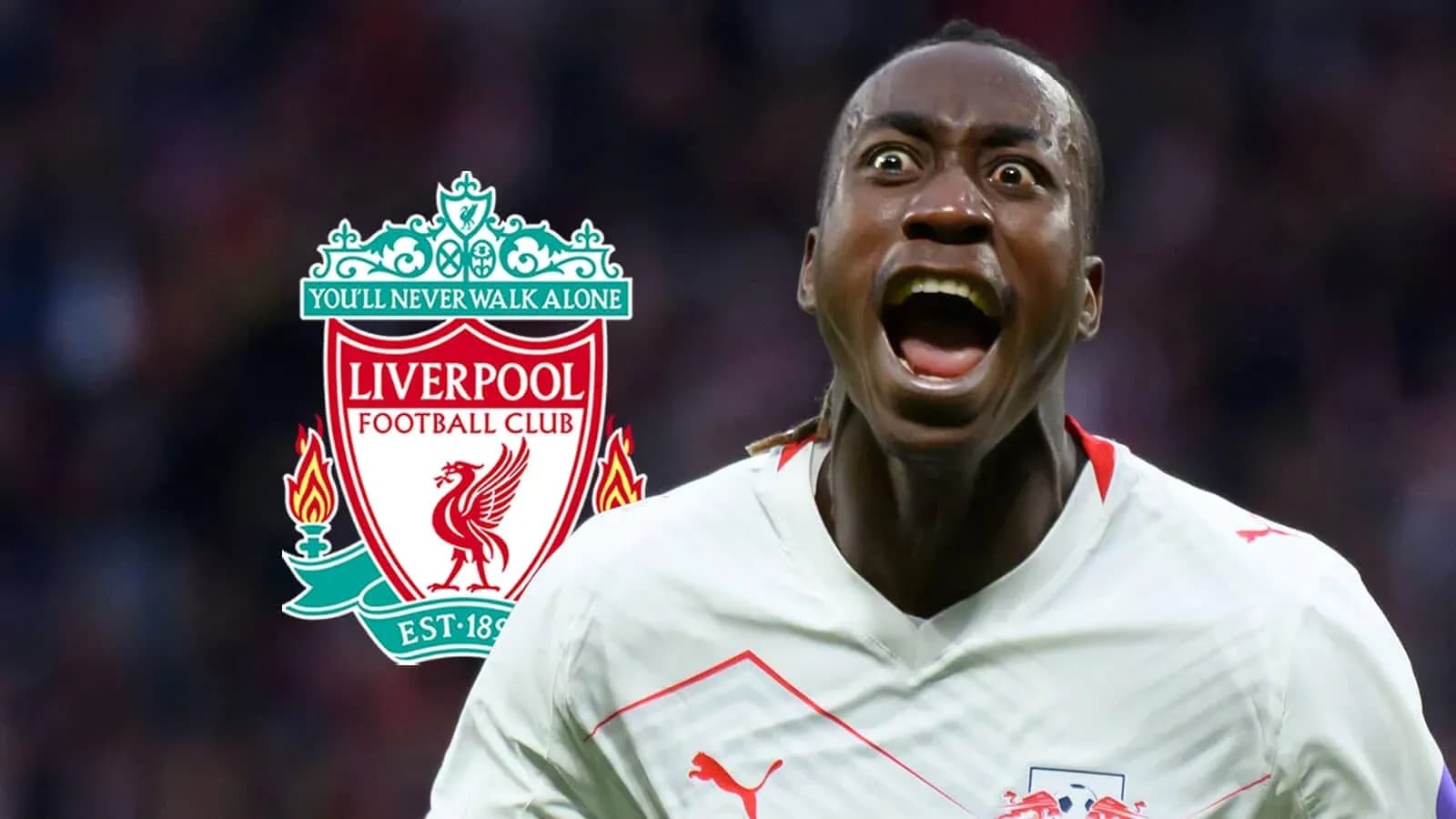Jugador celebrando con el logo de Liverpool al fondo