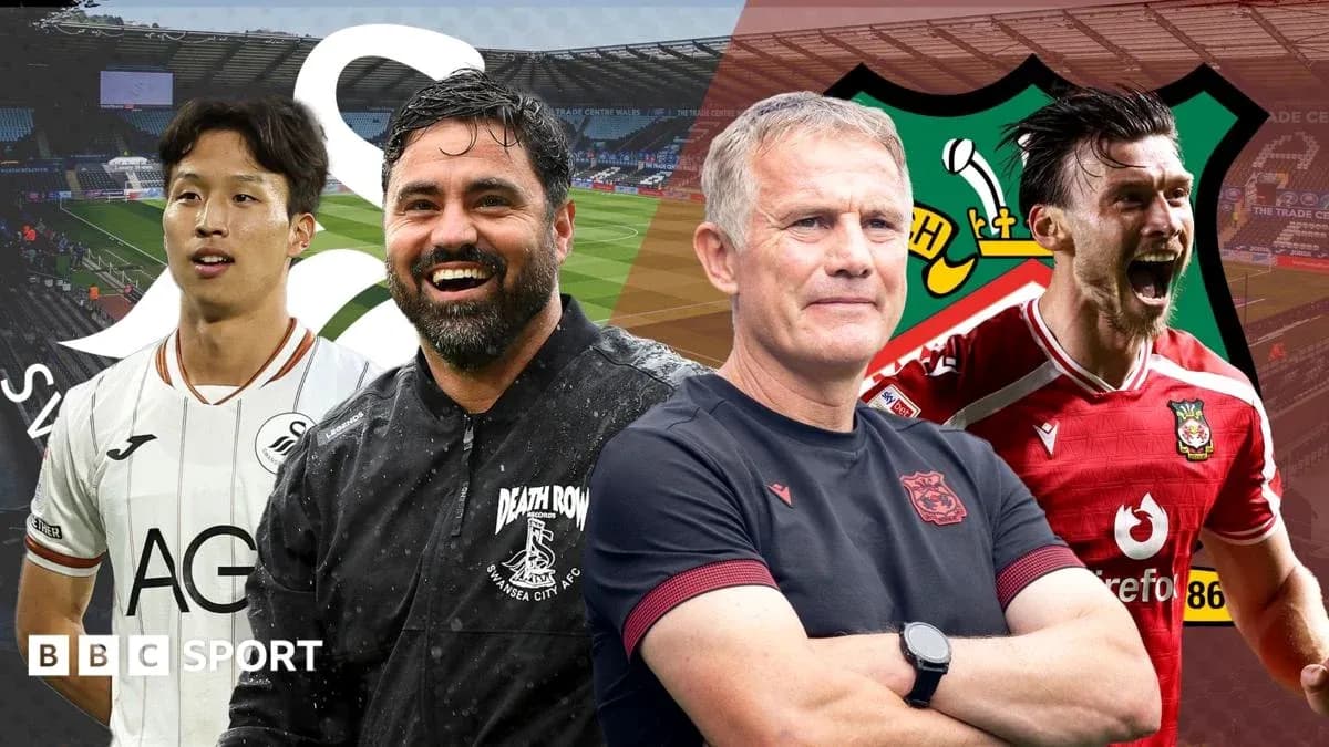 Jugadores y entrenadores de Swansea y Wrexham en el estadio