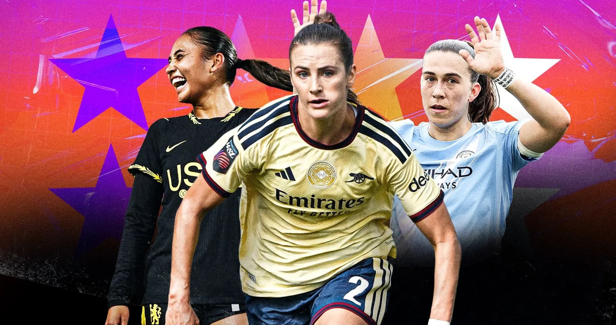 Jugadoras de fútbol en acción con fondo colorido