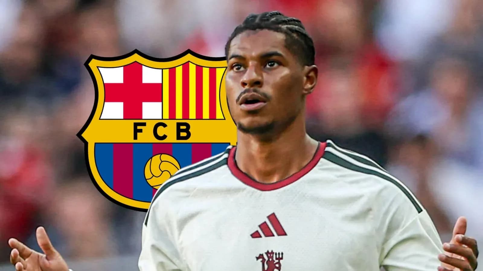 Jugador de fútbol con logo del FC Barcelona de fondo