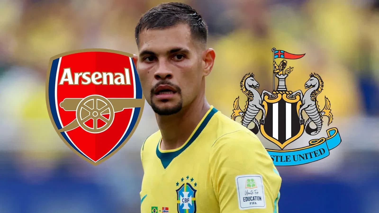 Jugador de Brasil con logotipos de Arsenal y Newcastle