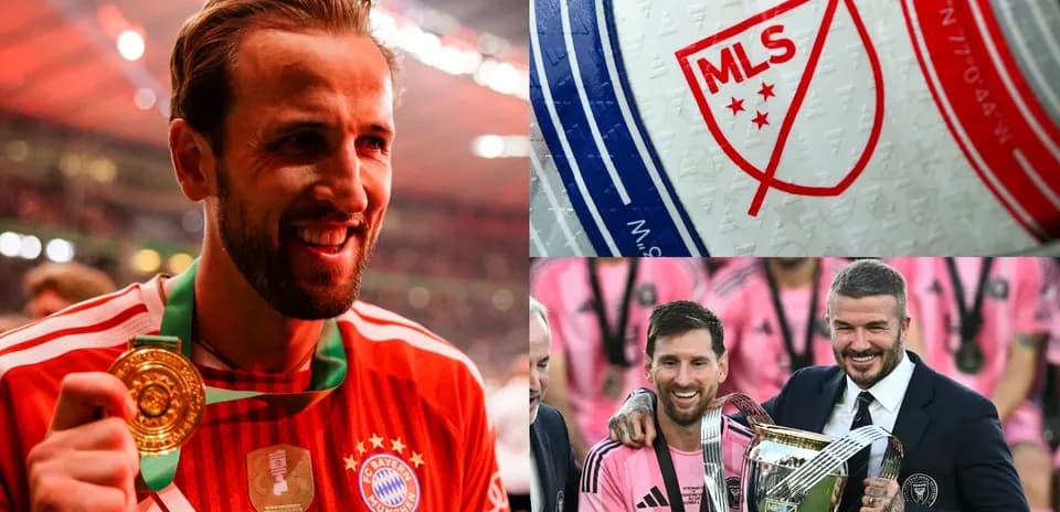 Harry Kane celebrating victory; MLS logo; Messi and Beckham with trophy