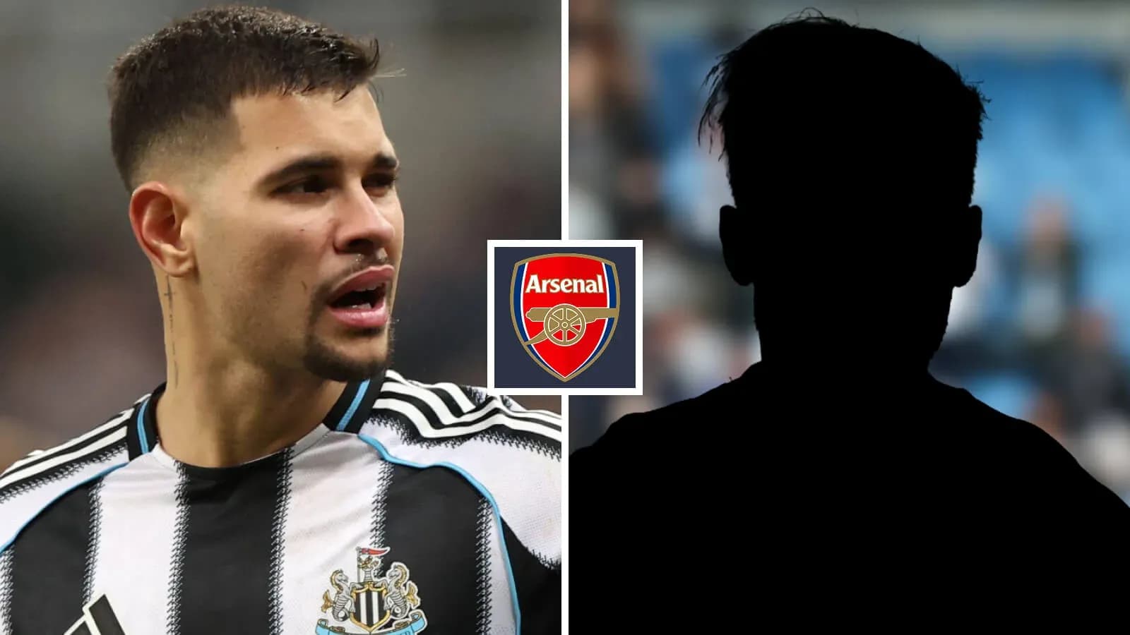 Jugador de Newcastle y logo de Arsenal superpuestos