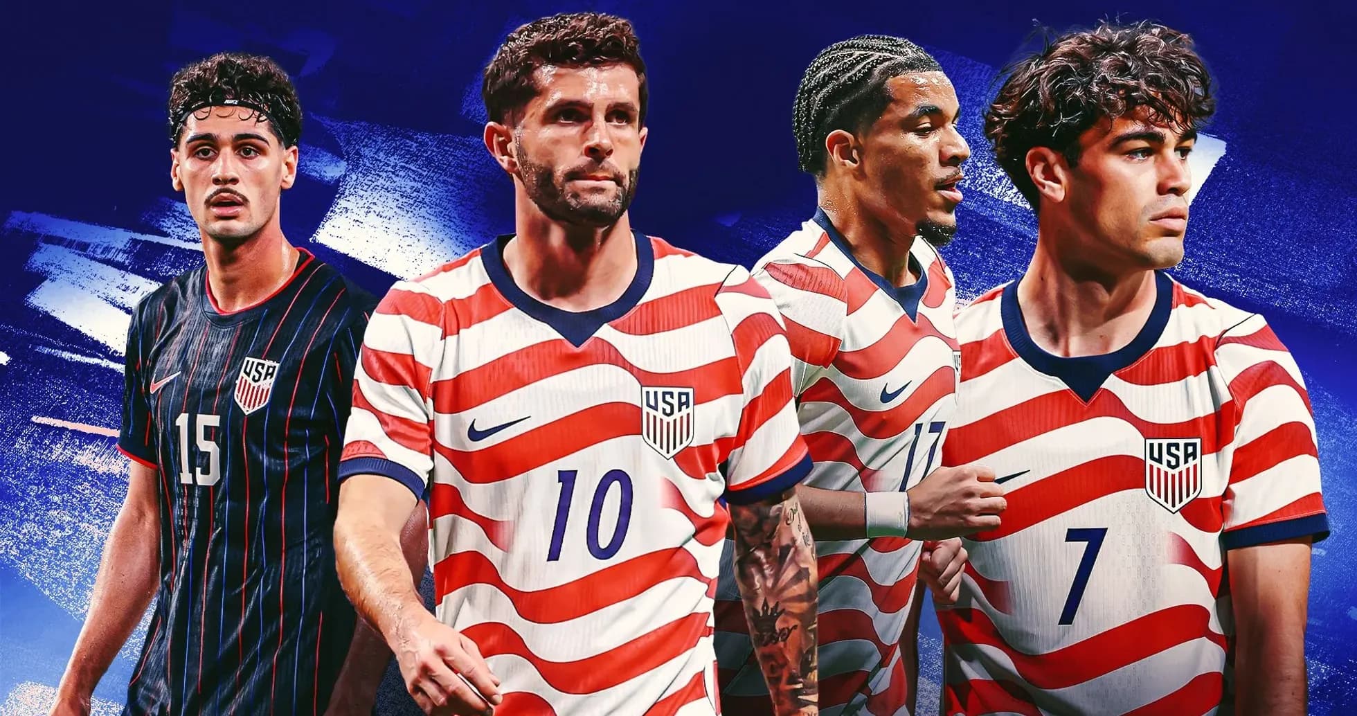Cuatro jugadores de fútbol de Estados Unidos posando