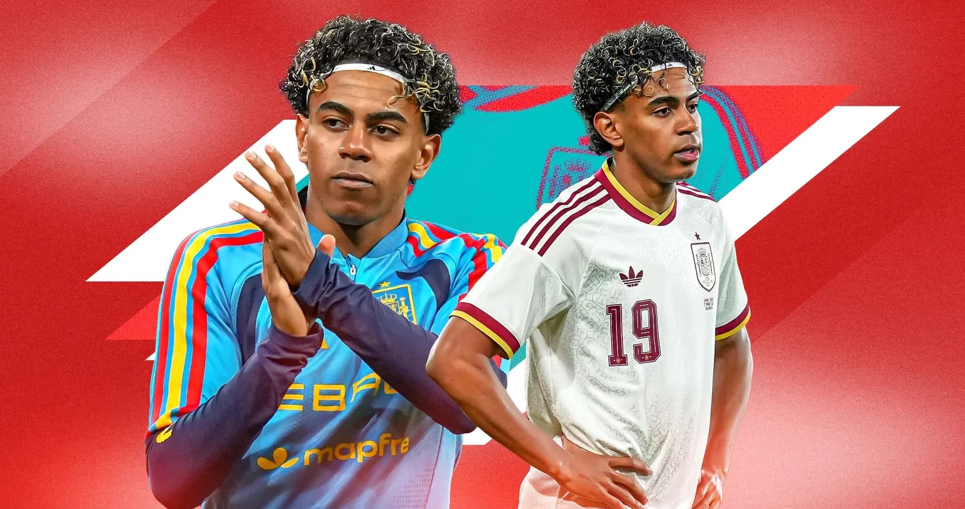 Jugador de España en dos uniformes de fútbol