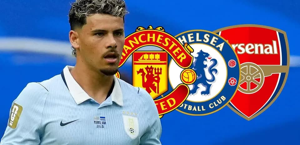 Jugador uruguayo con logos de clubes ingleses de fondo