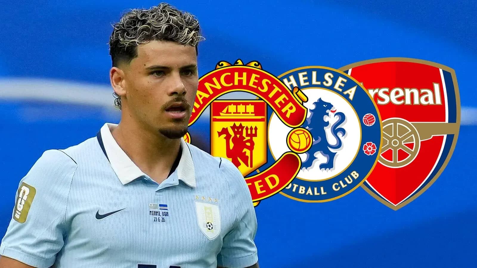 Jugador uruguayo con logos de clubes ingleses de fondo