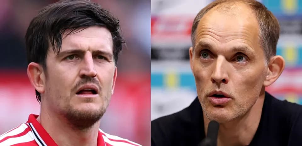 Harry Maguire and Thomas Tuchel during press events