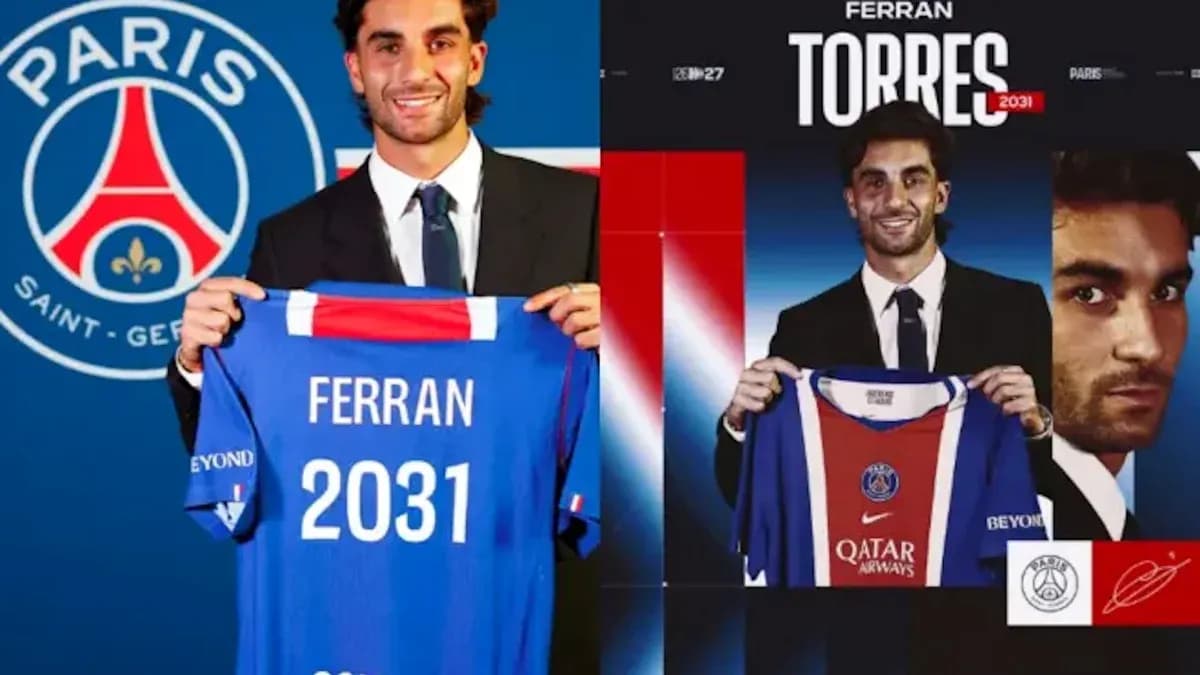 Ferran Torres presentando camiseta del PSG en conferencia