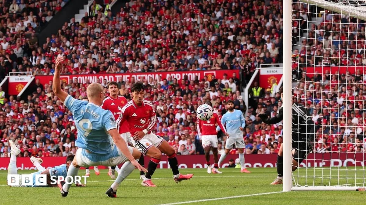 Erling Haaland attempting to score against Manchester United