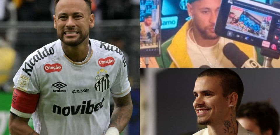 Neymar en campo, conferencia y otro hombre sonriendo