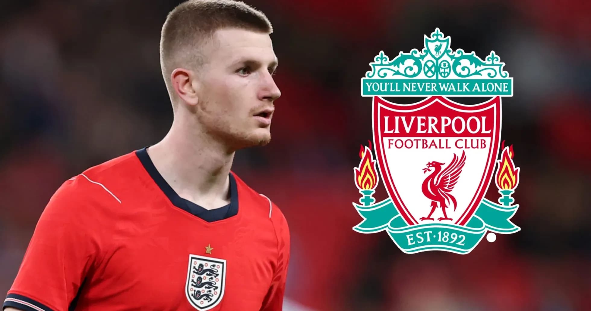 Jugador con camiseta de Inglaterra junto al escudo de Liverpool
