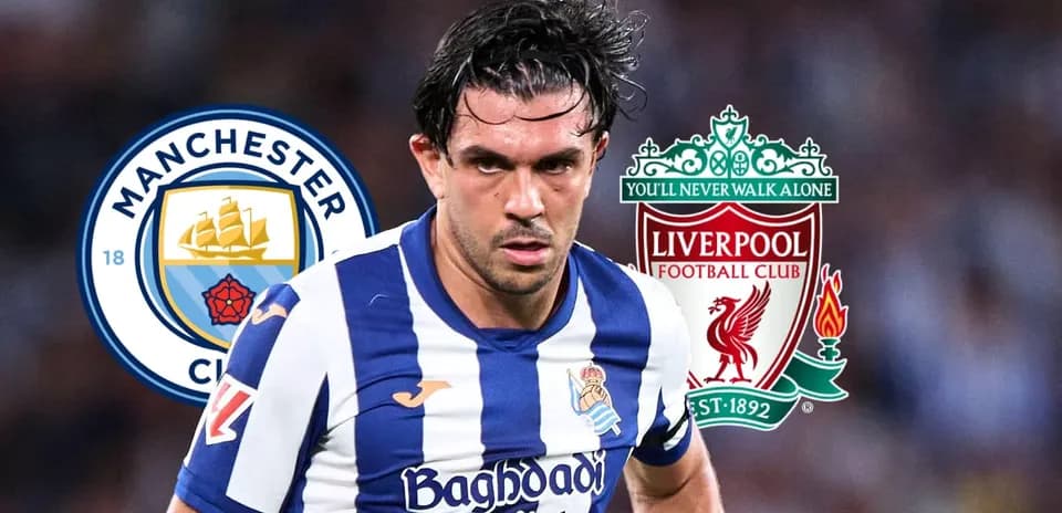 Jugador de la Real Sociedad con logos de Manchester City y Liverpool