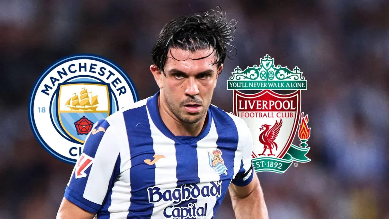 Jugador de la Real Sociedad con logos de Manchester City y Liverpool