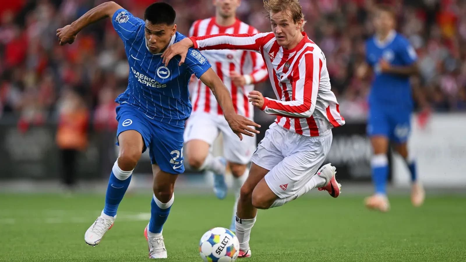 Jugador de Brighton luchando por el balón con rival