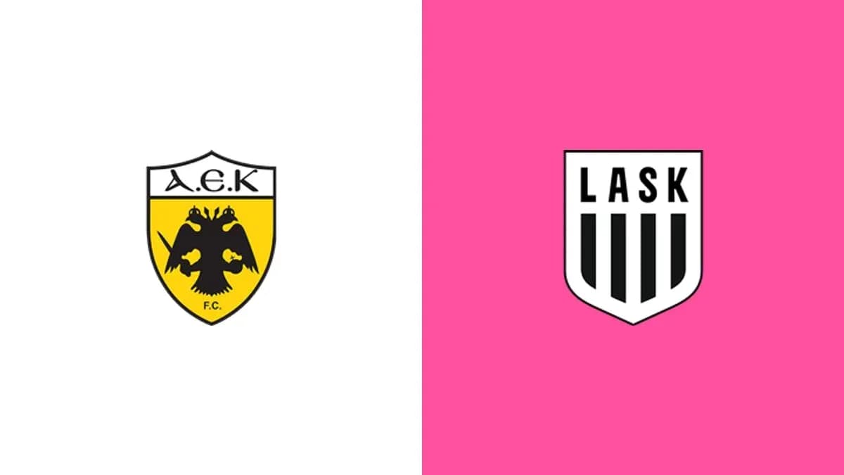 Escudos de A.E.K. y LASK en fondo colorido