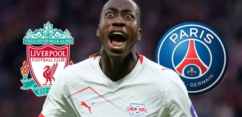 Jugador de RB Leipzig celebrando con logos de Liverpool y PSG
