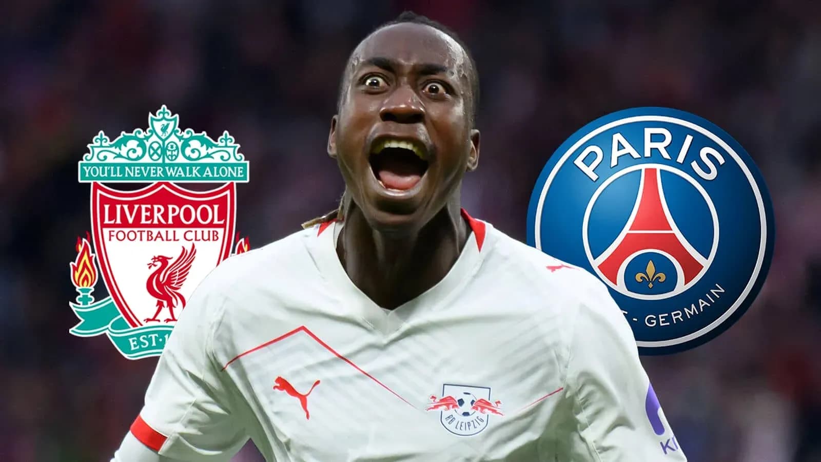 Jugador de RB Leipzig celebrando con logos de Liverpool y PSG
