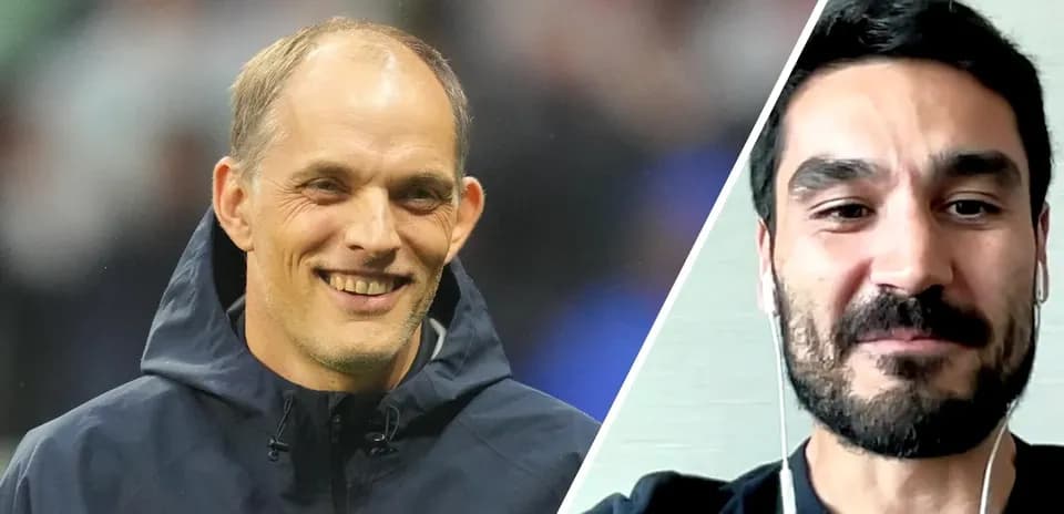 Thomas Tuchel y Ilkay Gündogan sonriendo en imágenes