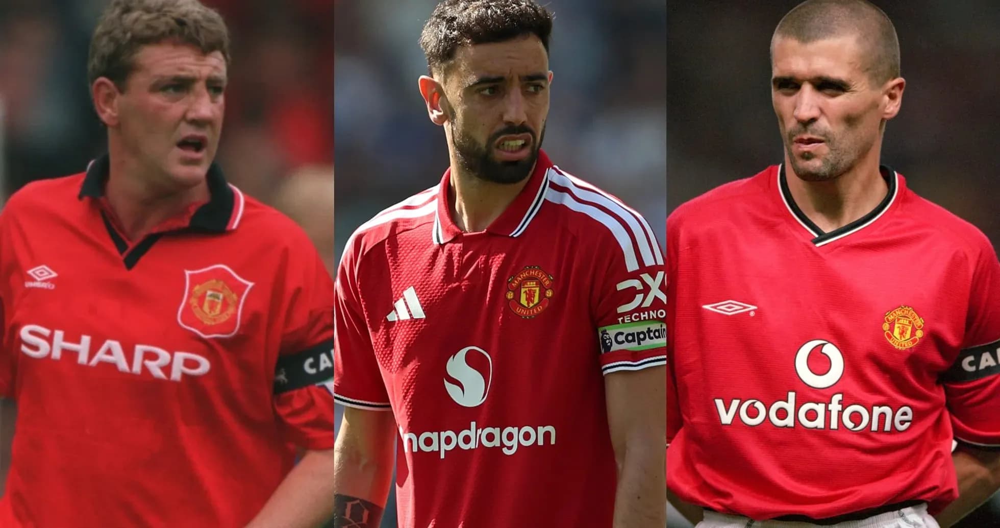 Tres jugadores de Manchester United en diferentes épocas