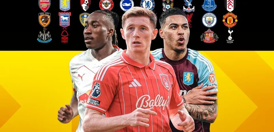 Tres jugadores de fútbol con escudos de equipos de fondo