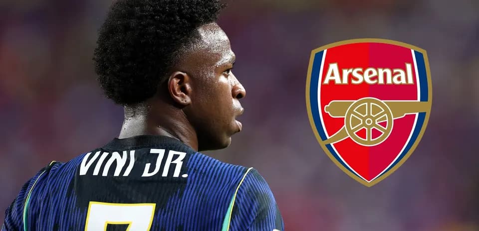 Jugador Vini Jr. con camiseta de equipo y logo de Arsenal