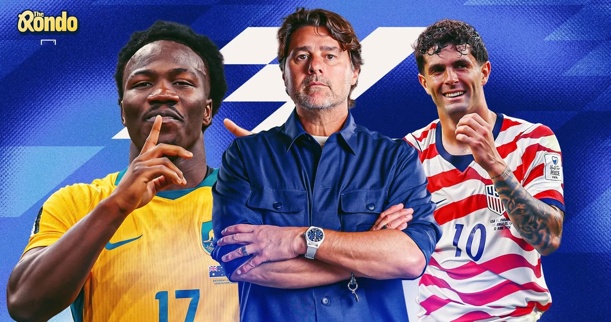 Jugadores y entrenador en gráfico promocional de fútbol