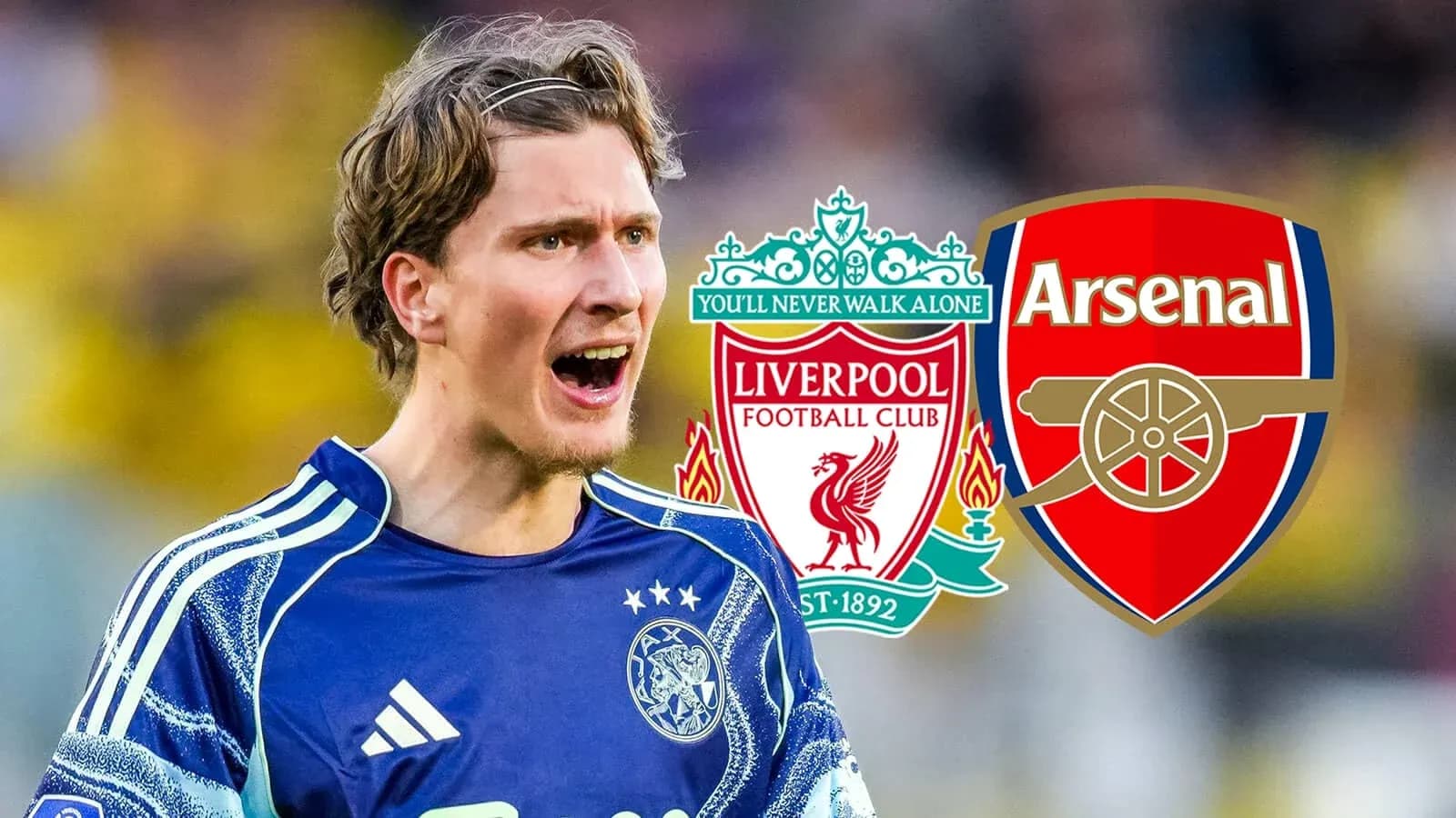 Portero gritando con logos de Liverpool y Arsenal