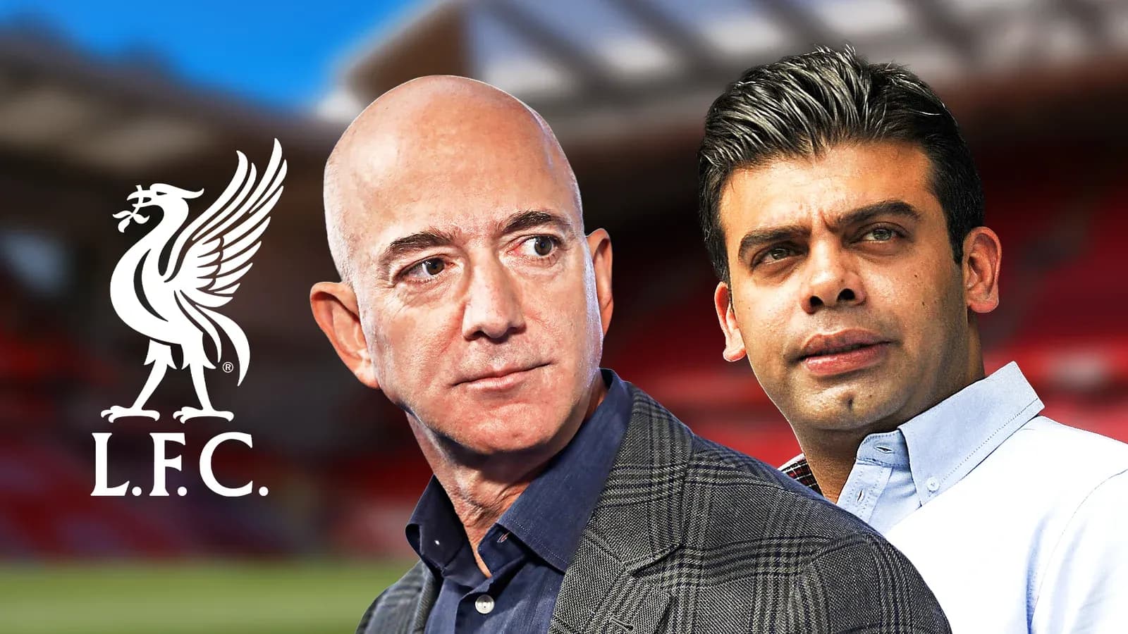 Jeff Bezos y otro hombre en Anfield con logo de L.F.C.