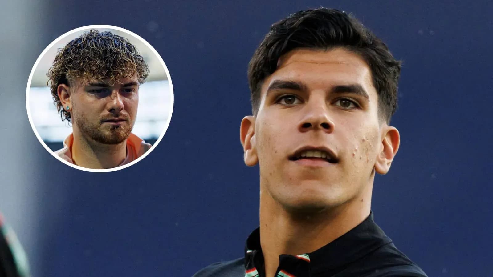 Dos jugadores en primer plano, uno sonriente y otro serio