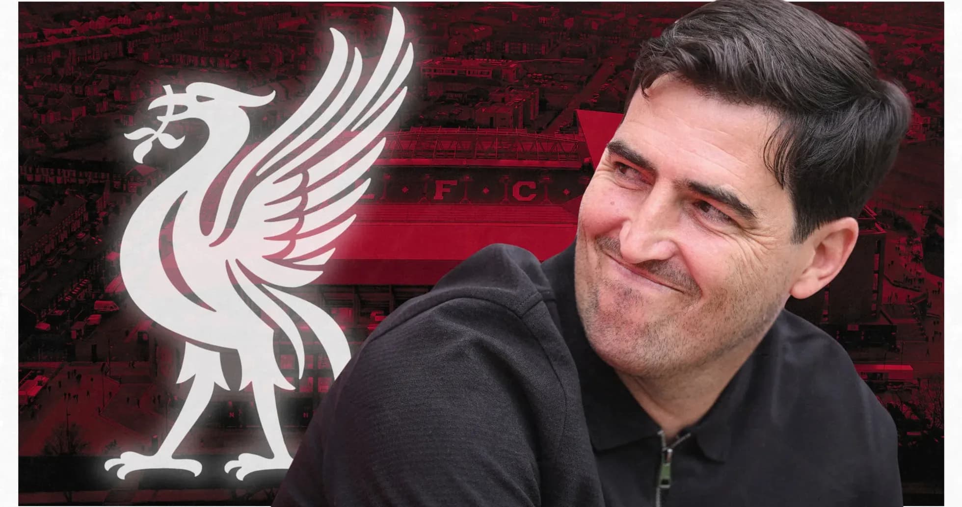 Entrenador de Liverpool con fondo del estadio Anfield