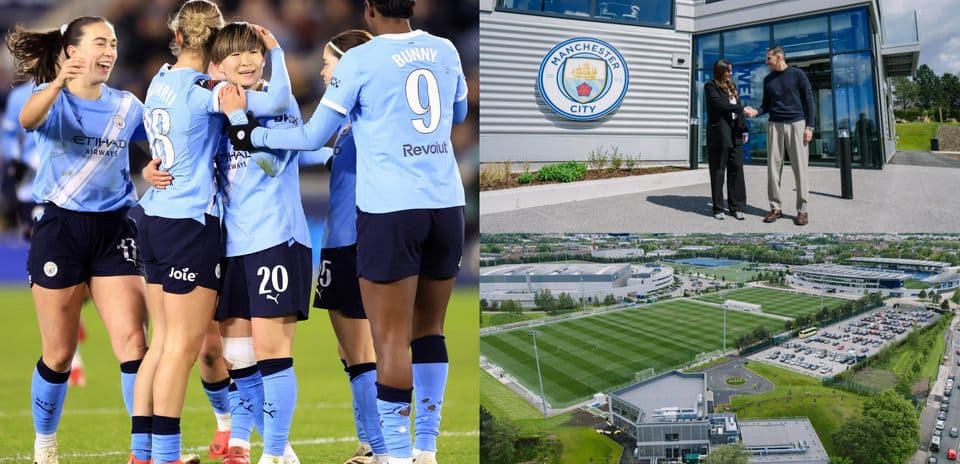 Jugadoras de Manchester City celebrando un gol y el centro de entrenamiento