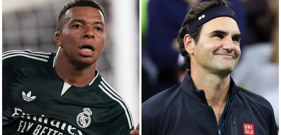 Kylian Mbappé en uniforme del Real Madrid y Roger Federer sonriendo