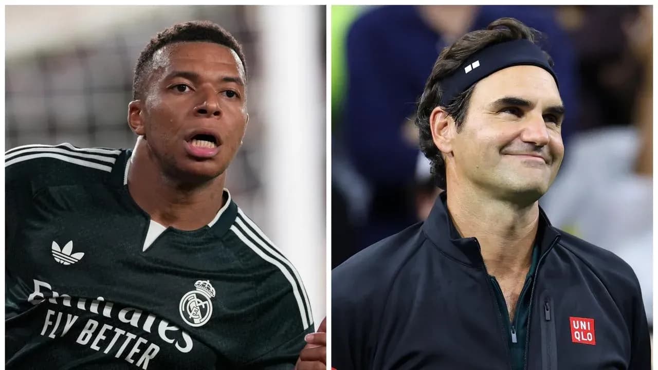 Kylian Mbappé en uniforme del Real Madrid y Roger Federer sonriendo