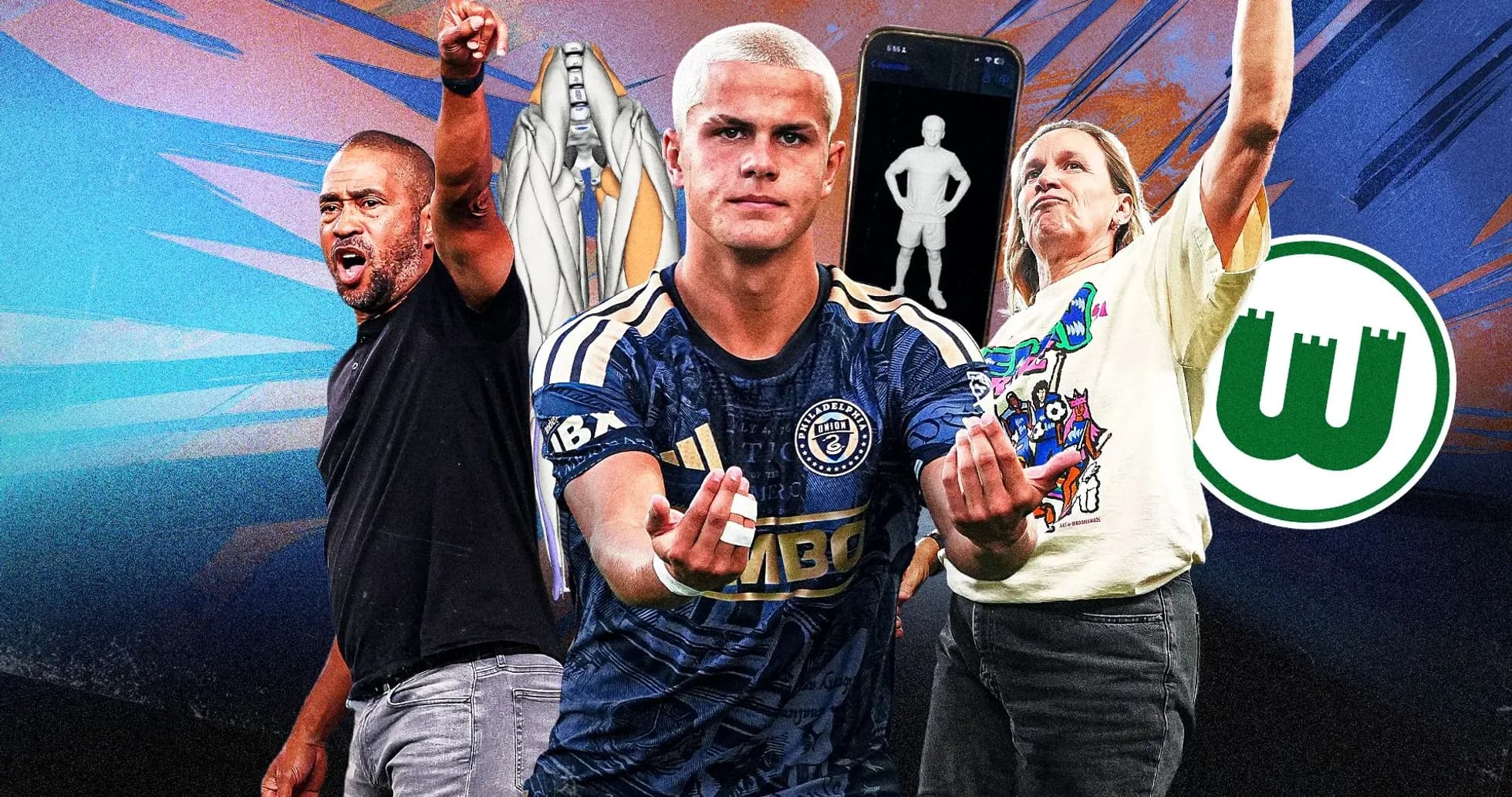 Entrenador, jugador y aficionada mostrando entusiasmo deportivo