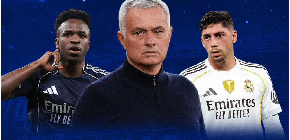 Vinícius Júnior, José Mourinho y Federico Valverde en fondo azul