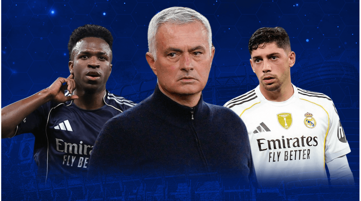 Vinícius Júnior, José Mourinho y Federico Valverde en fondo azul