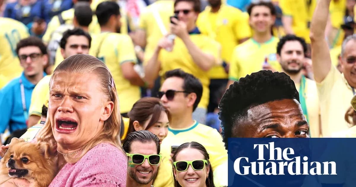 A fan with a dog among cheering spectators in yellow