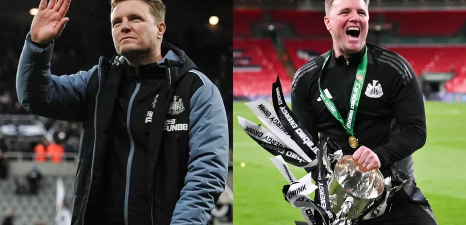 Entrenador de Newcastle celebrando un trofeo en Wembley