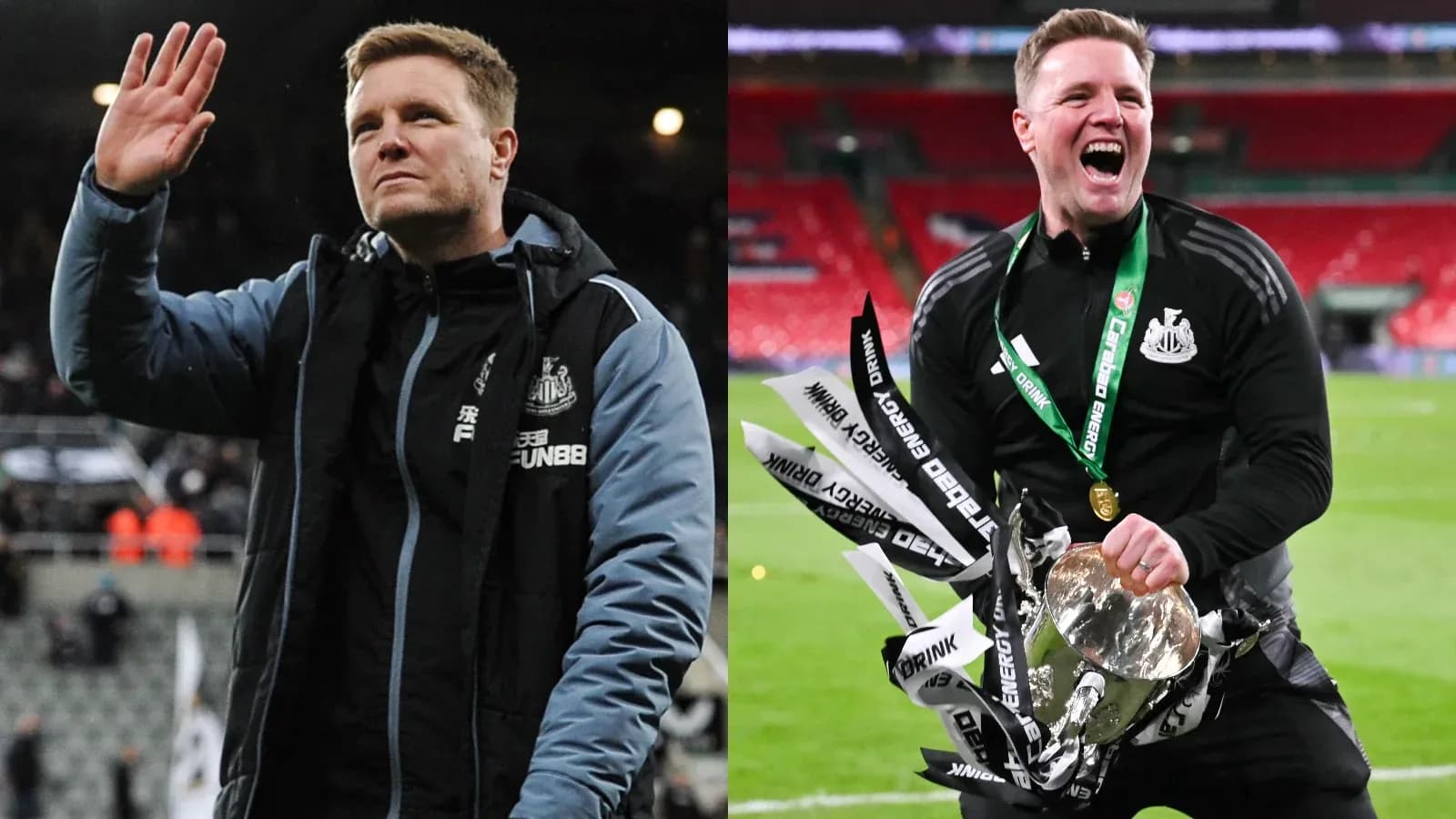 Entrenador de Newcastle celebrando un trofeo en Wembley