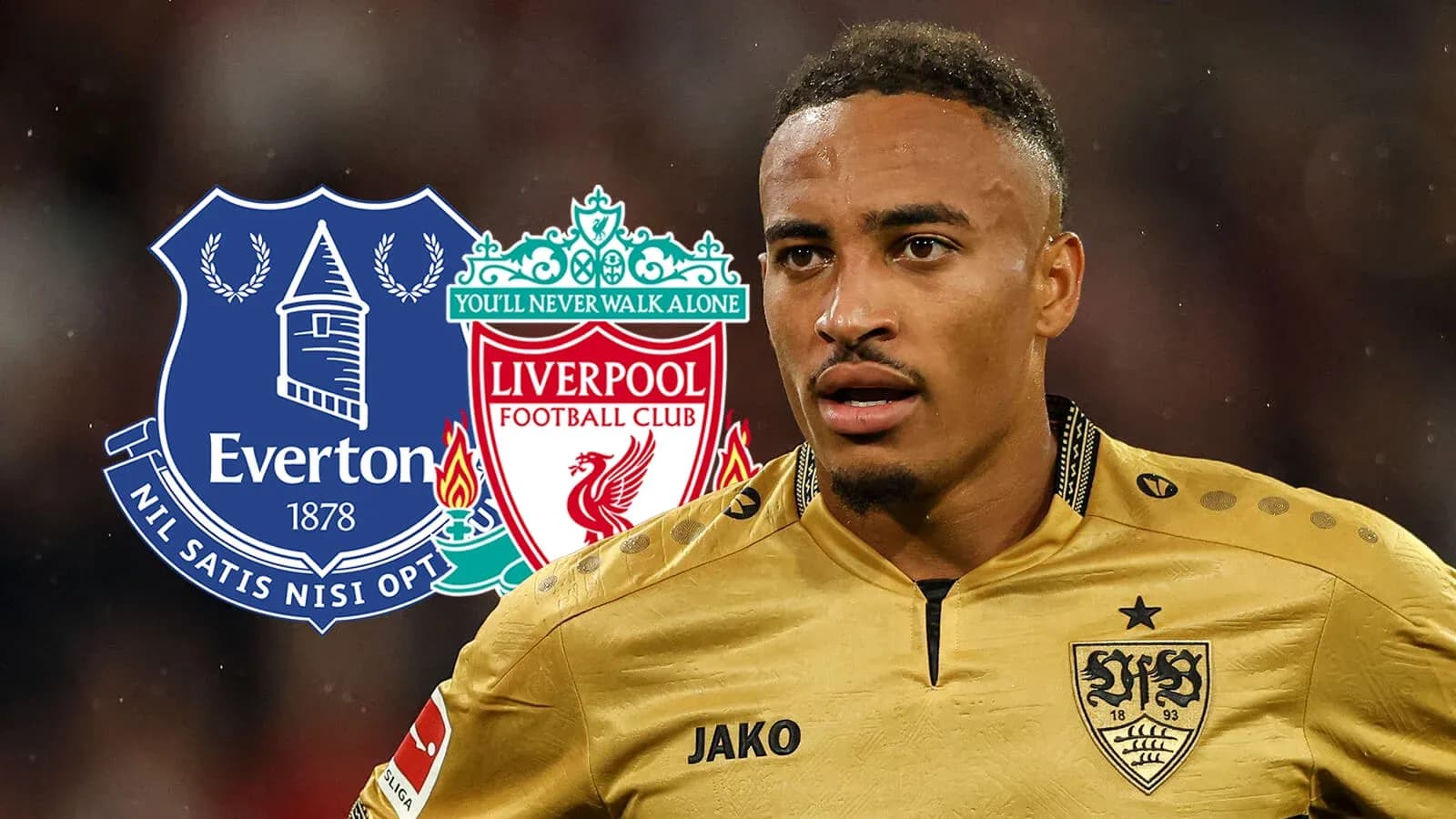Jugador con camisetas de Everton y Liverpool de fondo