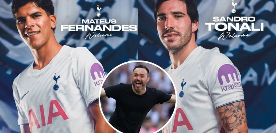 Mateus Fernandes y Sandro Tonali en camisetas de Tottenham