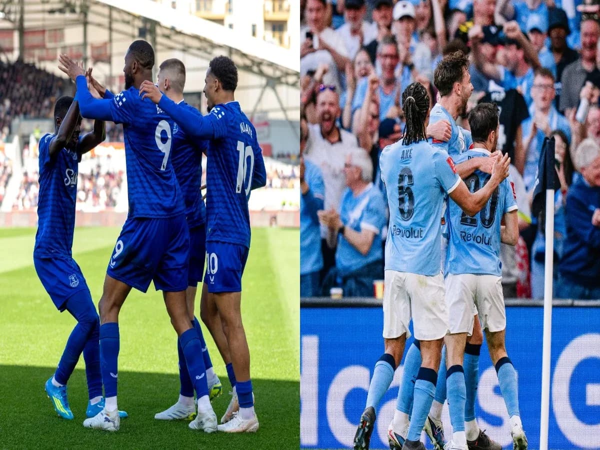 Jugadores de Everton y Manchester City celebrando goles