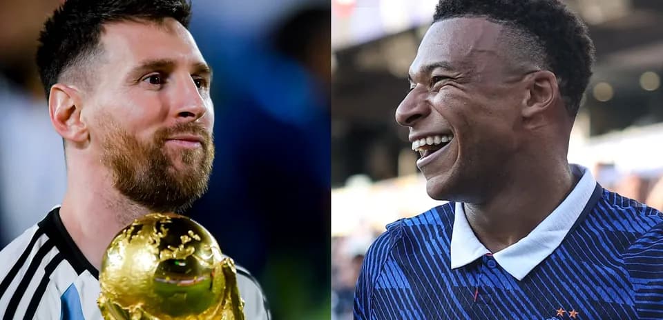Messi sosteniendo la Copa del Mundo junto a Mbappé