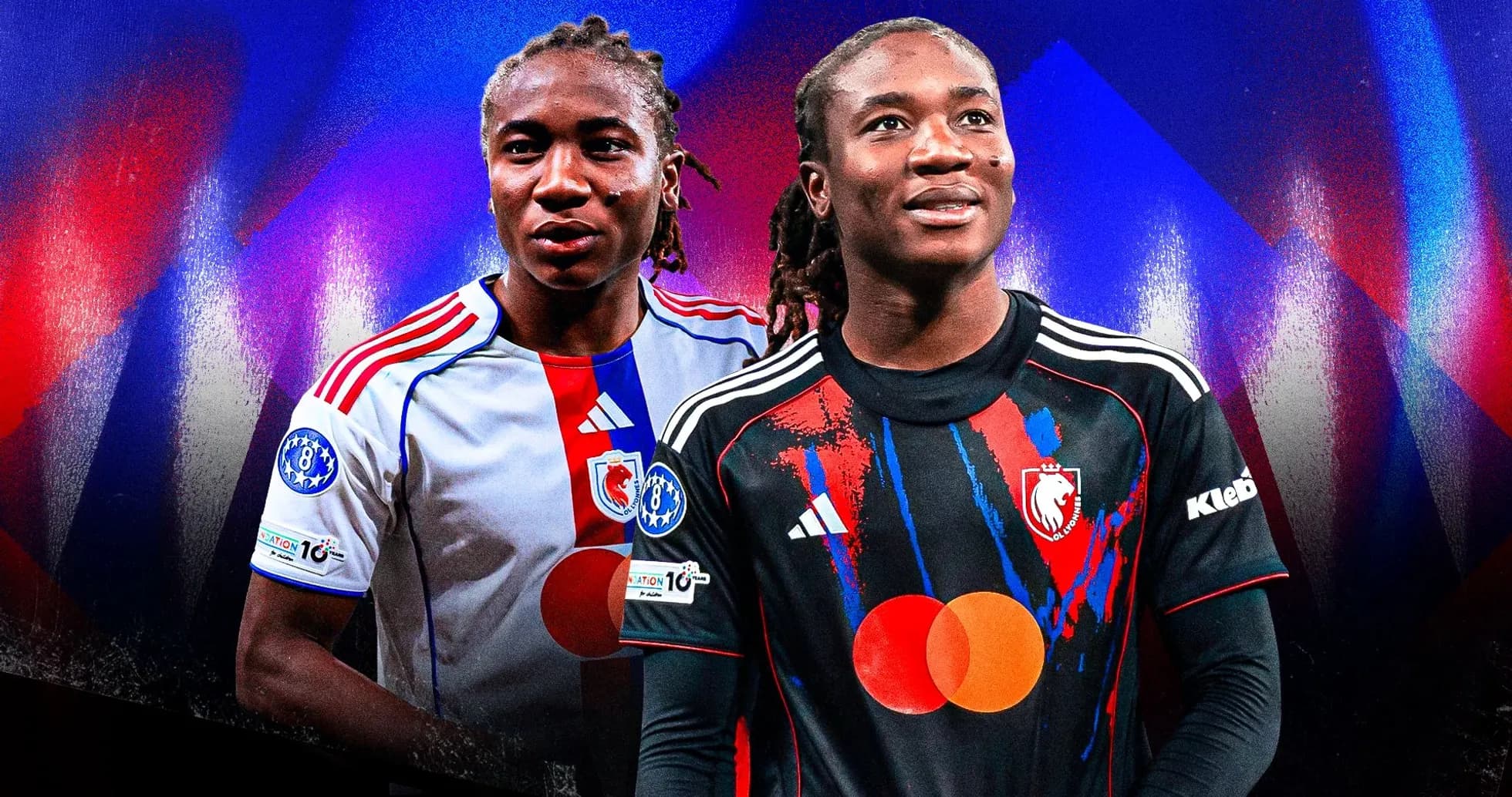 Jugadores en uniformes de fútbol con fondo colorido