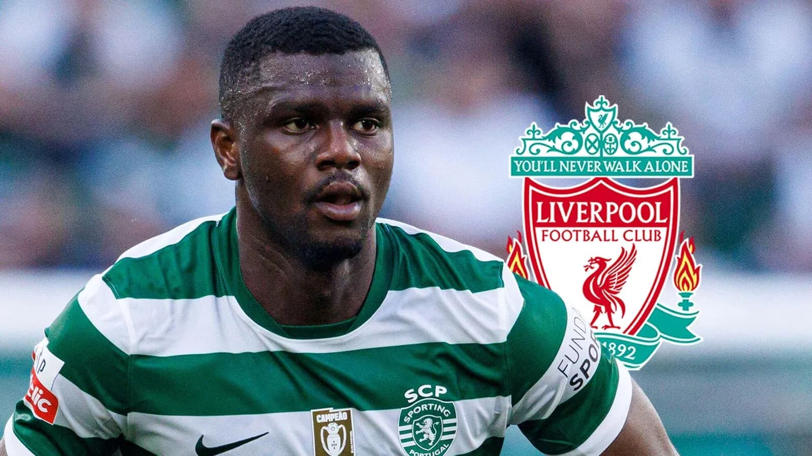 Jugador de Sporting CP corriendo con logo de Liverpool