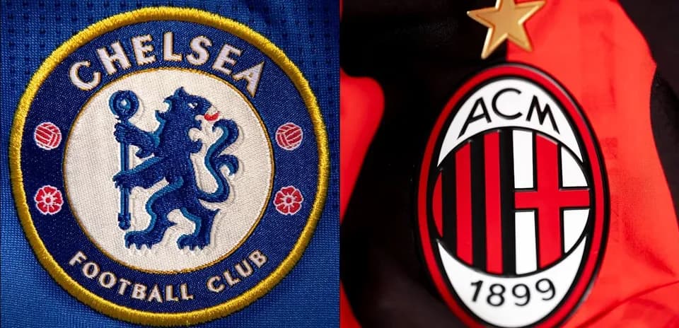 Escudos de Chelsea FC y AC Milan en camisetas