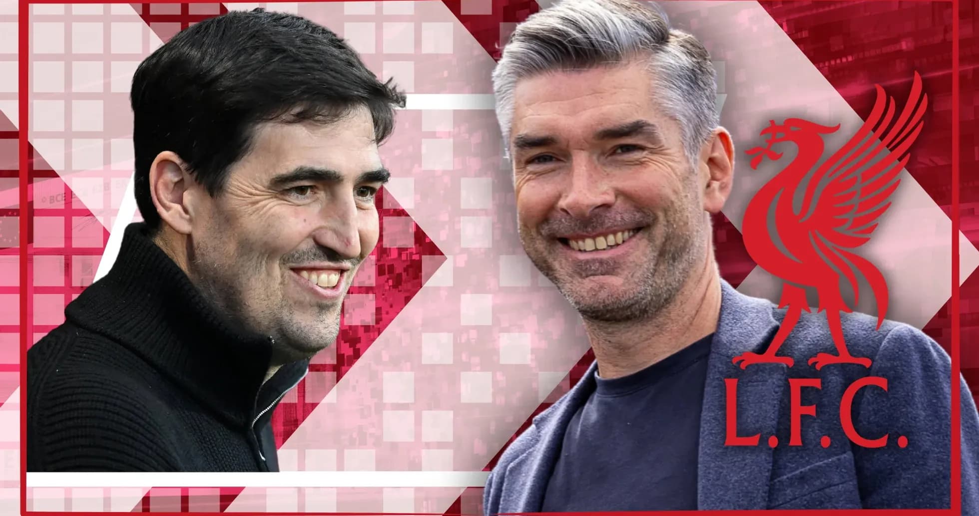 Entrenadores sonriendo sobre fondo de Liverpool FC