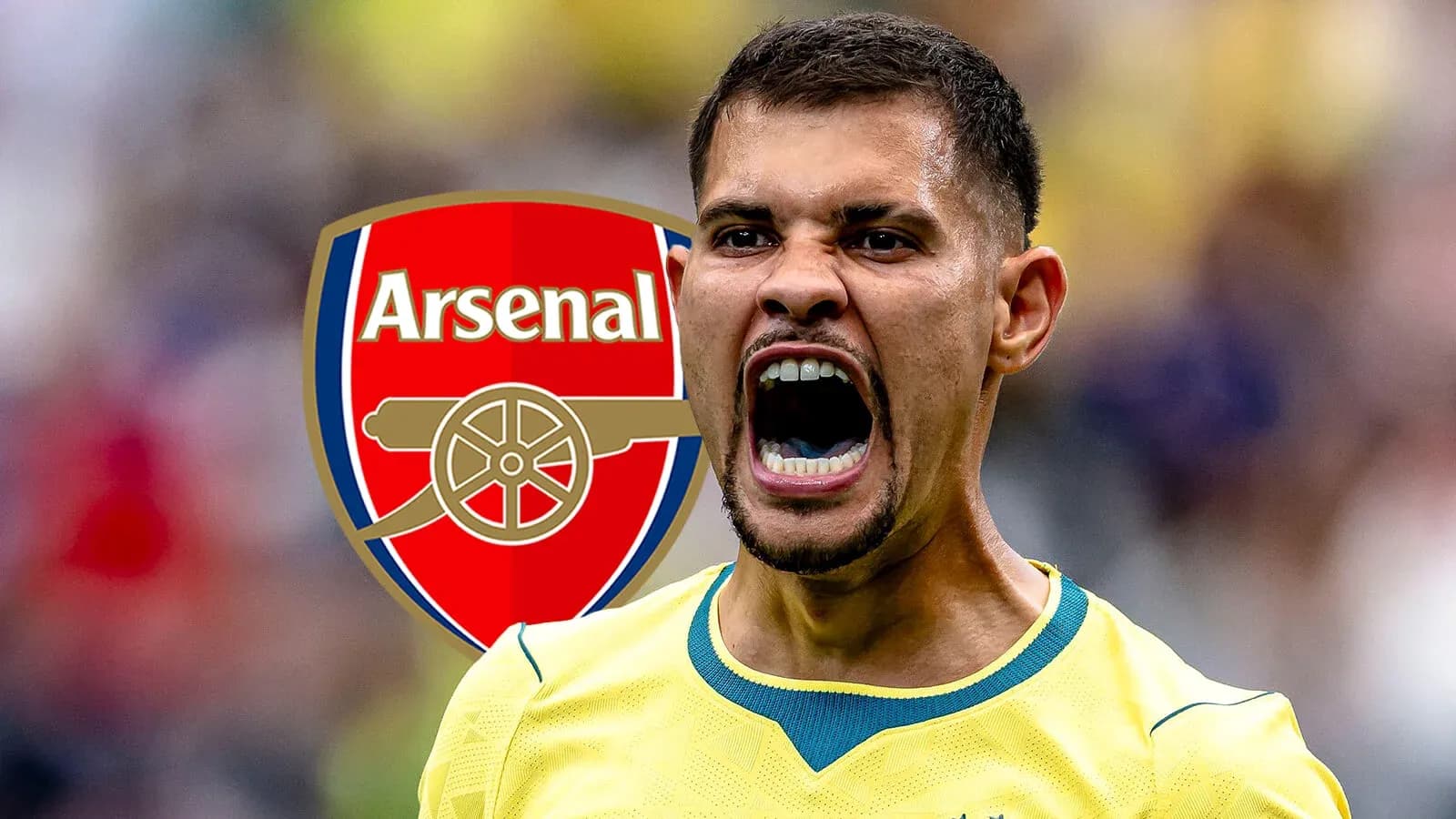 Jugador de fútbol gritando con el logo de Arsenal